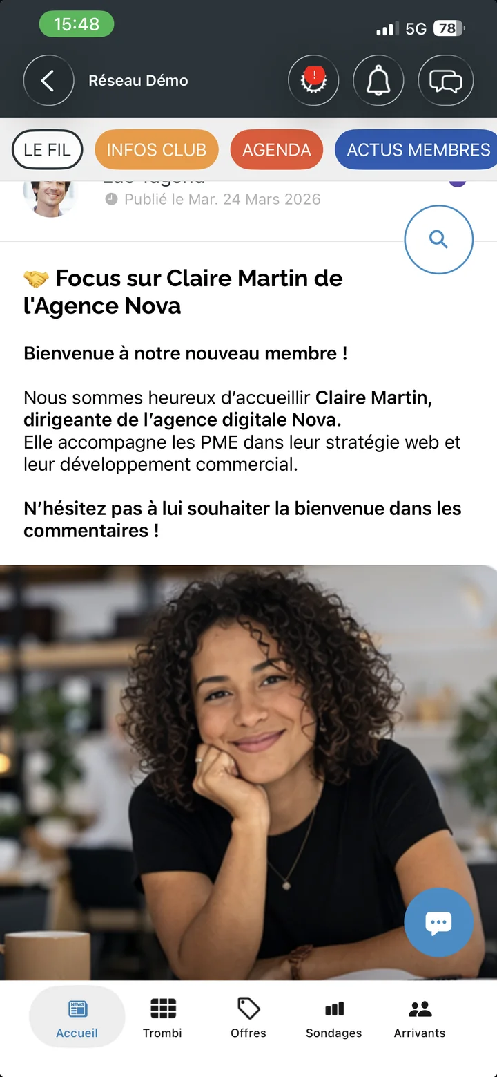 Publication du club présentant une nouvelle membre