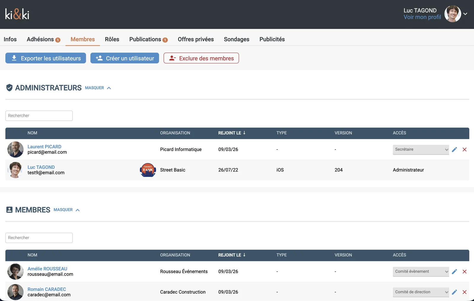 Back Office ki&ki : gestion des membres, adhésions, rôles et publications